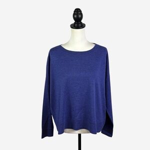 Eileen Fisher Merino Wool Knit Top Size S Long Sleeve Boxy Relaxed Fit Blue
